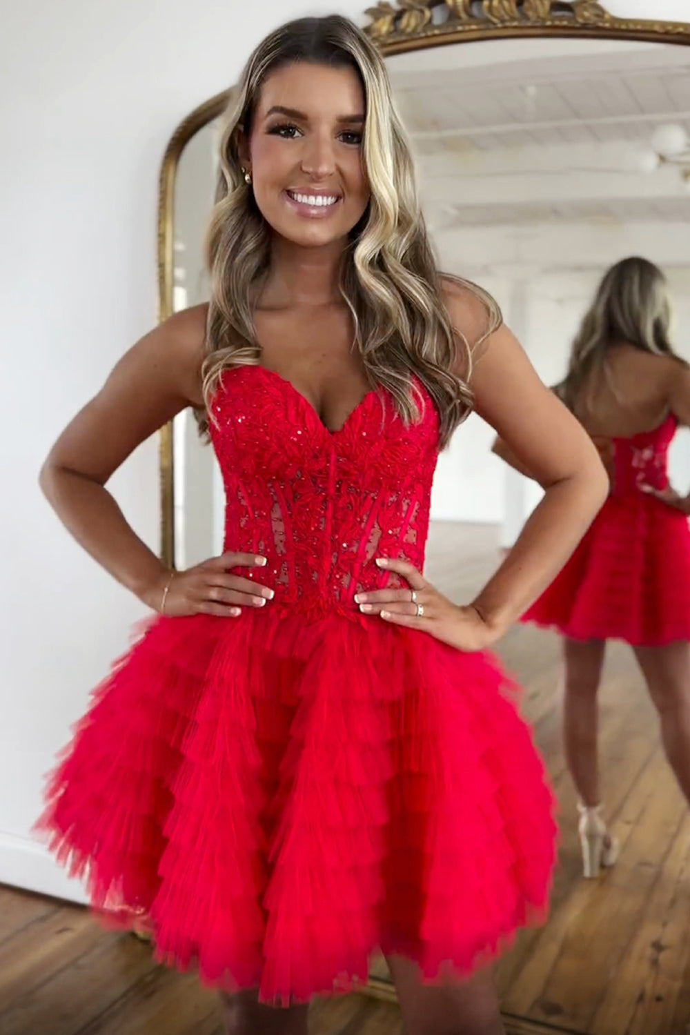 Pink A Line Strapless Tiered Short Homecoming Dress With Appliques