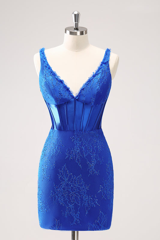 Royal Blue Corset Beaded Tight Short Homecoming Dress With Lace