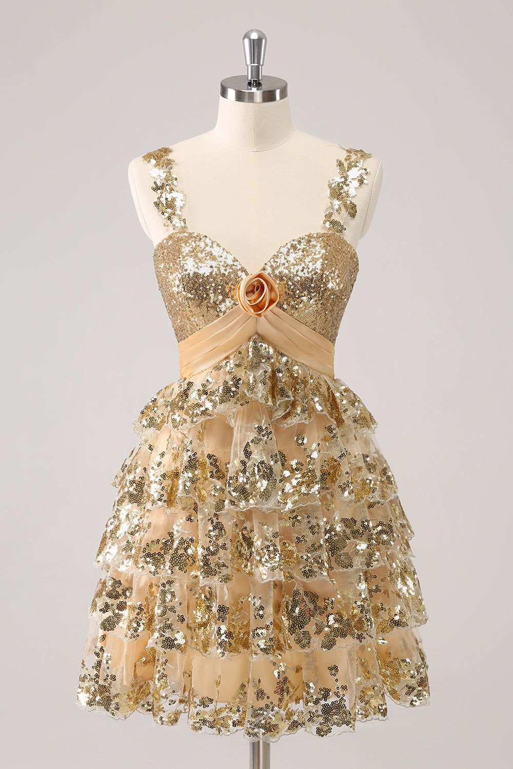 Sparkly Golden A Line Sequins Short Ruffled Homecoming Dress