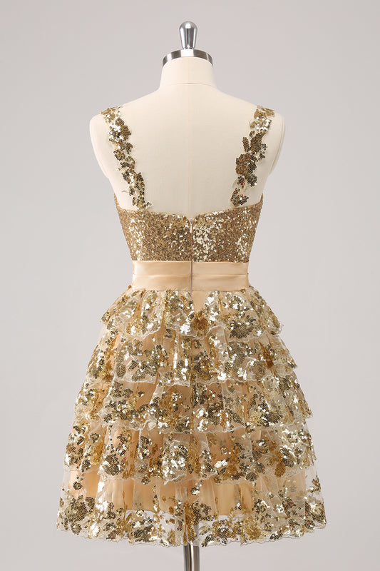 Sparkly Golden A Line Sequins Short Ruffled Homecoming Dress