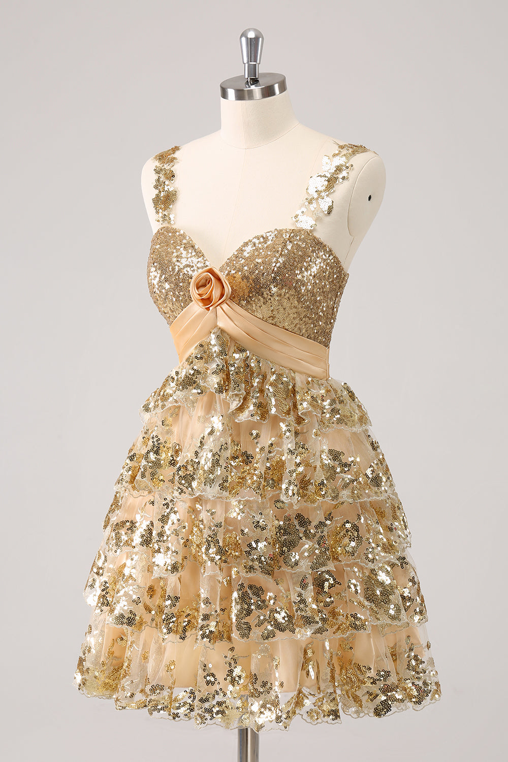 Sparkly Golden A Line Sequins Short Ruffled Homecoming Dress