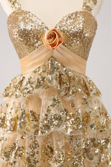 Sparkly Golden A Line Sequins Short Ruffled Homecoming Dress