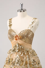 Sparkly Golden A Line Sequins Short Ruffled Homecoming Dress