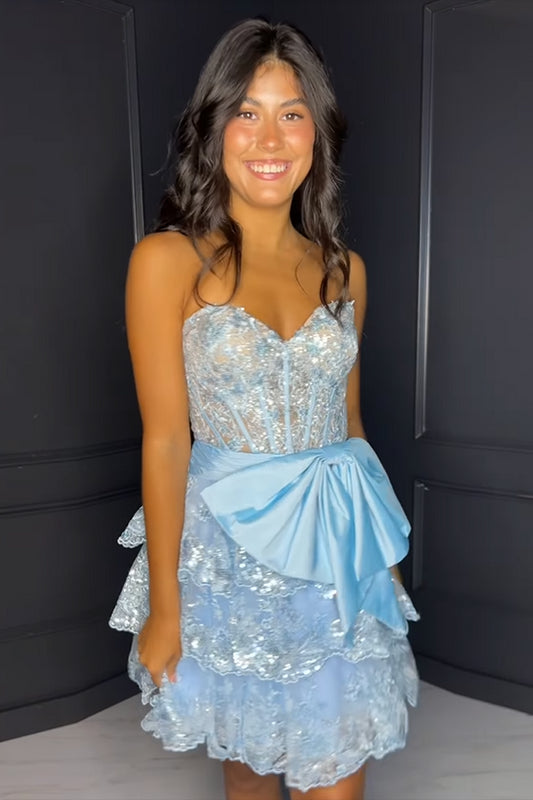 Sparkly A Line Light Blue Strapless Short Homecoming Dress with Bow