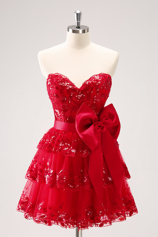 Sparkly A Line Red Strapless Short Homecoming Dress with Bow