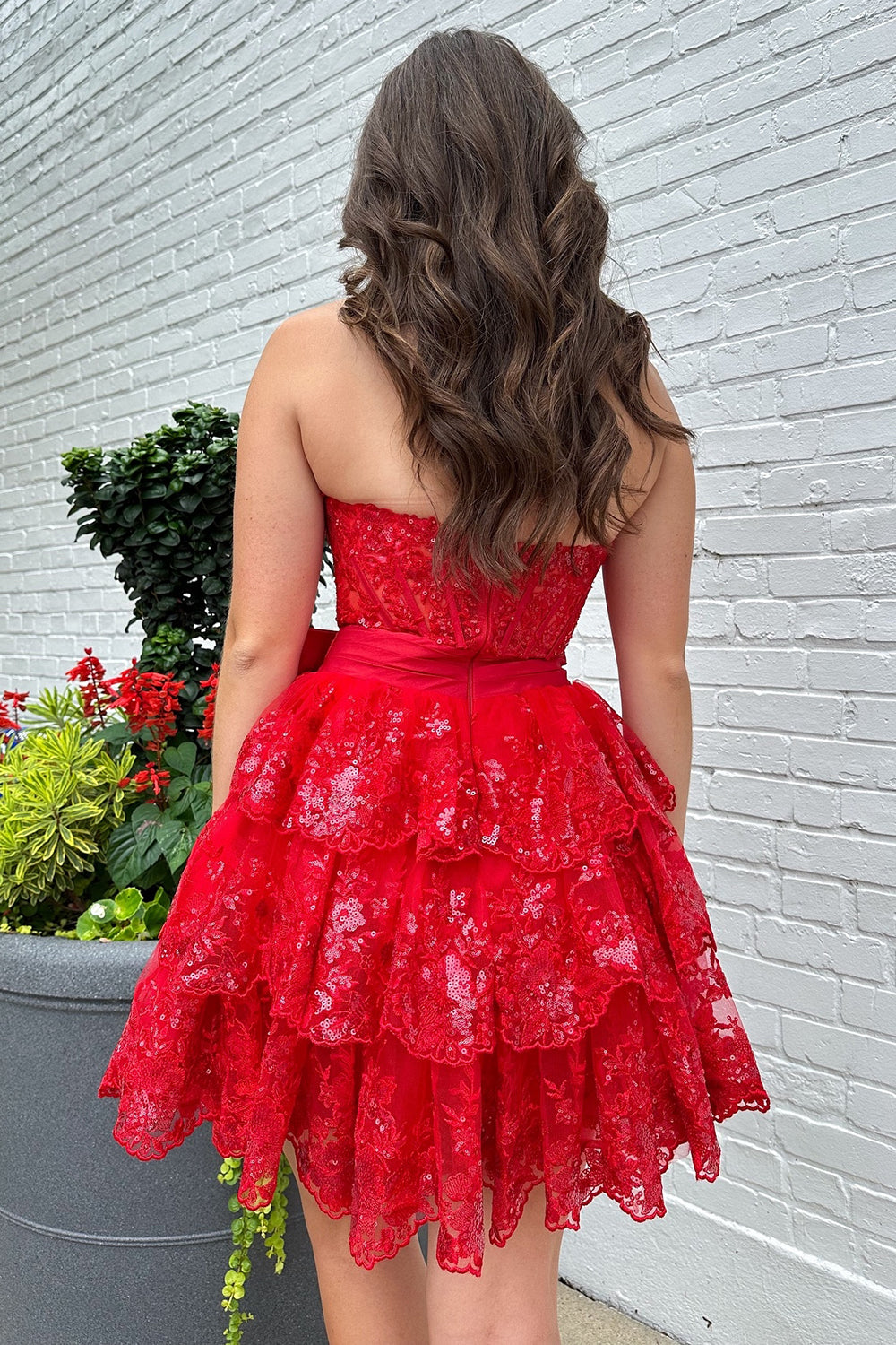 Sparkly A Line Red Strapless Corset Short Homecoming Dress with Bow