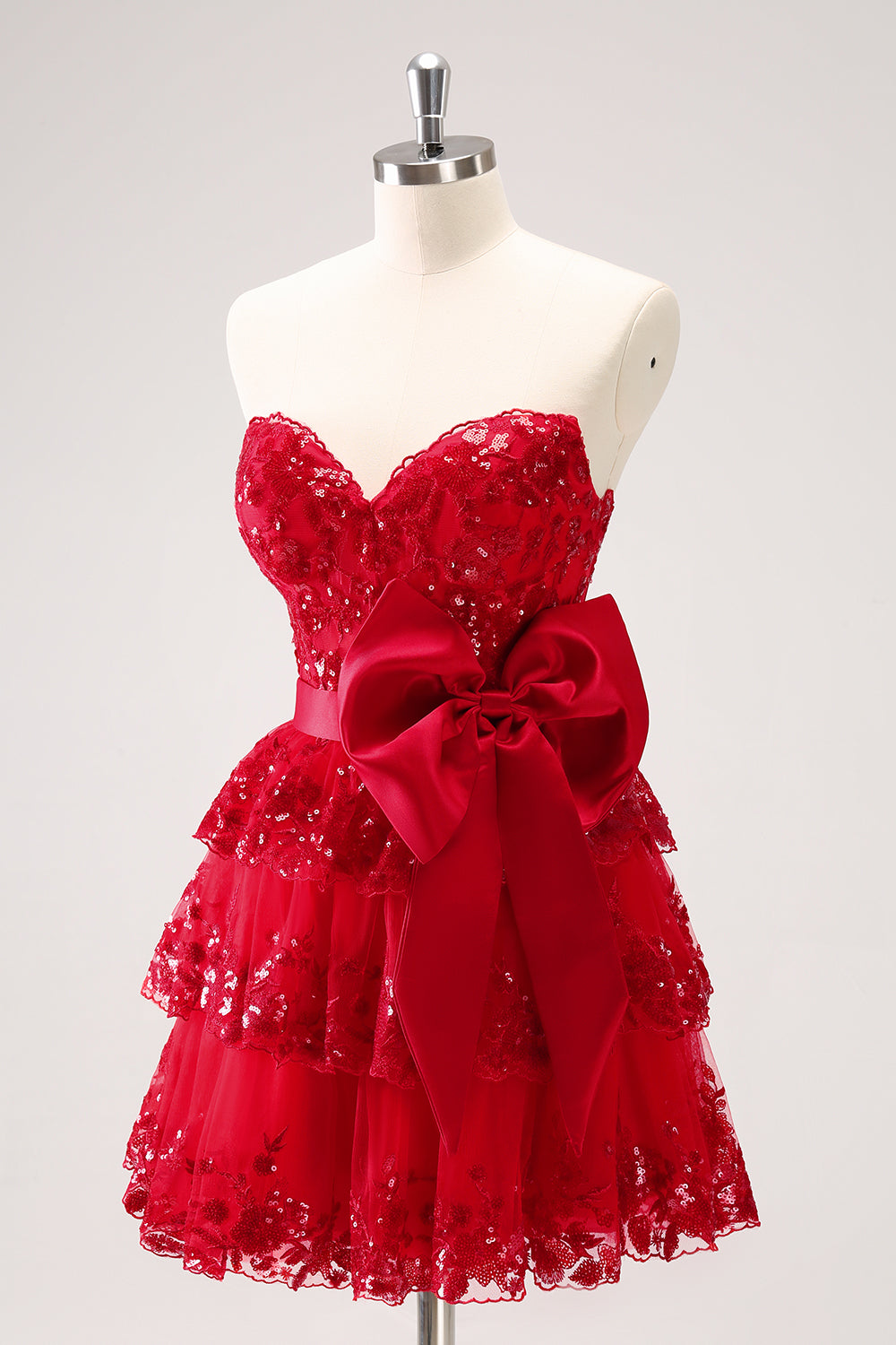 Red Sparkly Strapless A Line Short Homecoming Dress with Bow