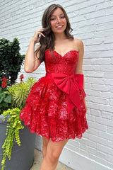 Sparkly A Line Red Strapless Corset Short Homecoming Dress with Bow