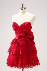 Sparkly A Line Red Strapless Corset Short Homecoming Dress with Bow