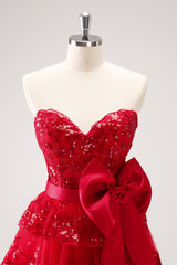 Sparkly A Line Red Strapless Short Homecoming Dress with Bow