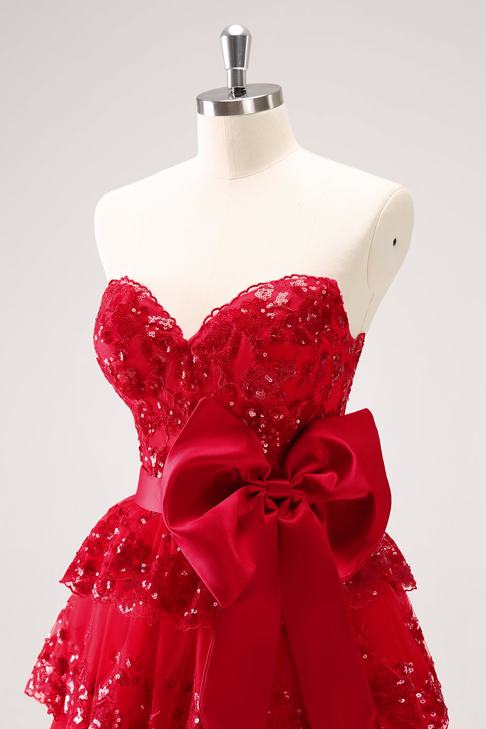 Red Sparkly Strapless A Line Short Homecoming Dress with Bow