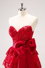 Sparkly A Line Red Strapless Short Homecoming Dress with Bow