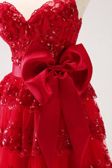 Sparkly A Line Red Strapless Short Homecoming Dress with Bow