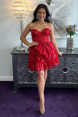 Sparkly A Line Red Strapless Short Homecoming Dress with Bow