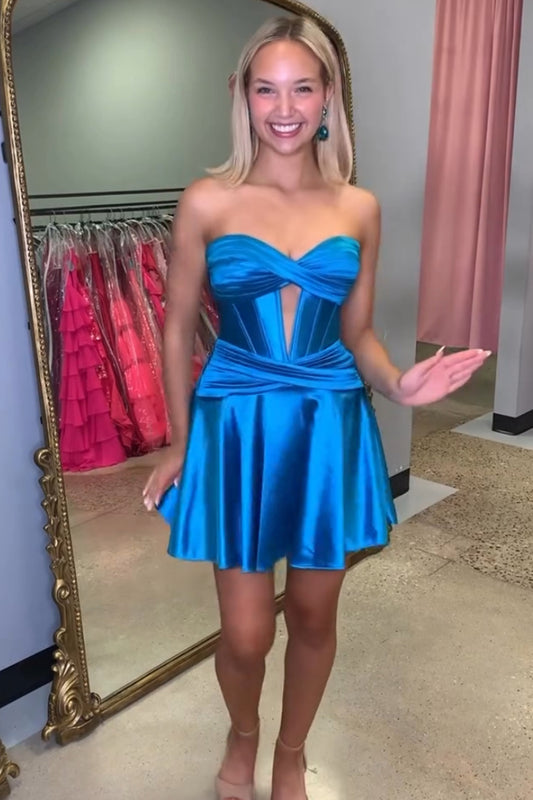 Royal Blue A Line Strapless Corset Short Homecoming Dress with keyhole