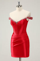 Sparkly Red Off The Shoulder Tight Short Homecoming Dress