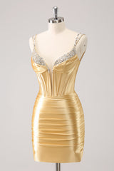 Sparkly Golden Corset Sequins Tight Short Homecoming Dress