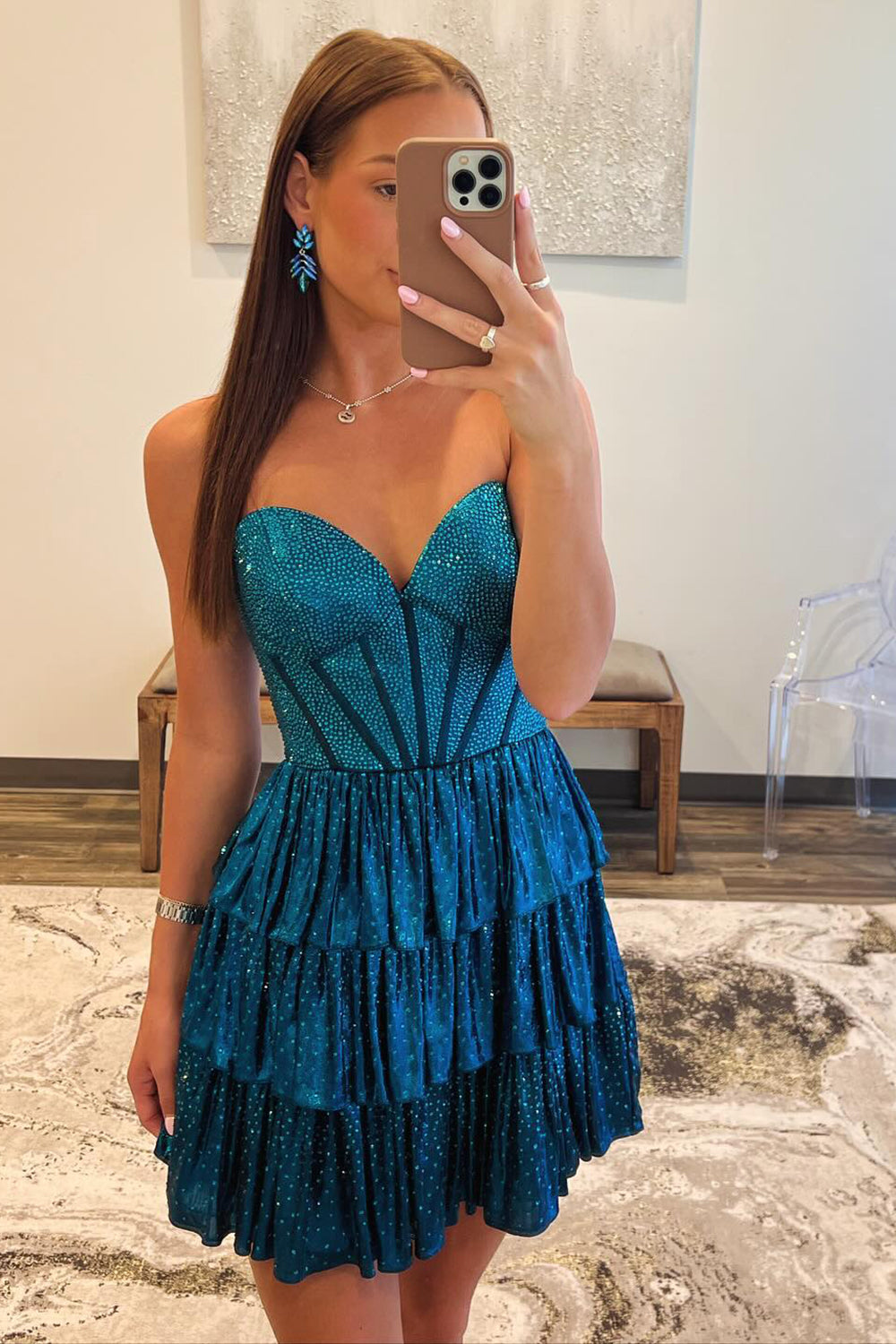 Sparkly Peacock Blue Sweetheart Ruffled Short Homecoming Dress