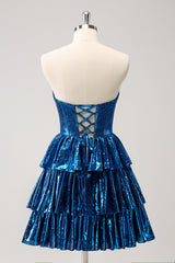 Sparkly Peacock Blue Strapless Corset A Line Short Homecoming Dress