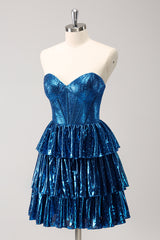 Sparkly Peacock Blue Strapless Corset A Line Short Homecoming Dress