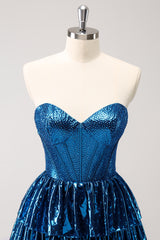 Sparkly Peacock Blue Strapless Corset A Line Short Homecoming Dress