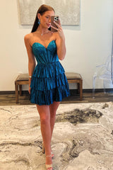 Sparkly Peacock Blue Sweetheart Ruffled Short Homecoming Dress