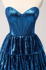 Sparkly Peacock Blue Sweetheart Ruffled Short Homecoming Dress