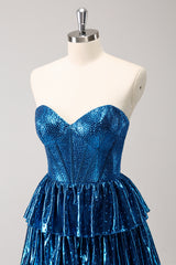 Sparkly Peacock Blue Strapless Corset A Line Short Homecoming Dress