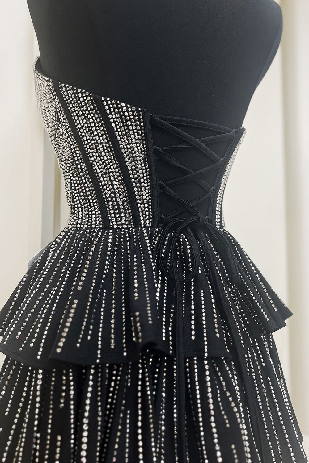 Sparkly Black A Line Corset Short Homecoming Dress With Ruffles