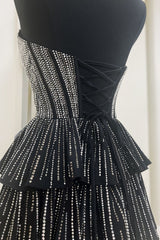 Sparkly Black Pink A Line Corset Strapless Tiered Short Homecoming Dress