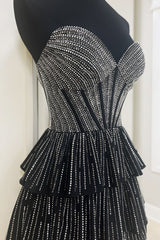 Sparkly Black Pink A Line Corset Strapless Tiered Short Homecoming Dress with Beadings