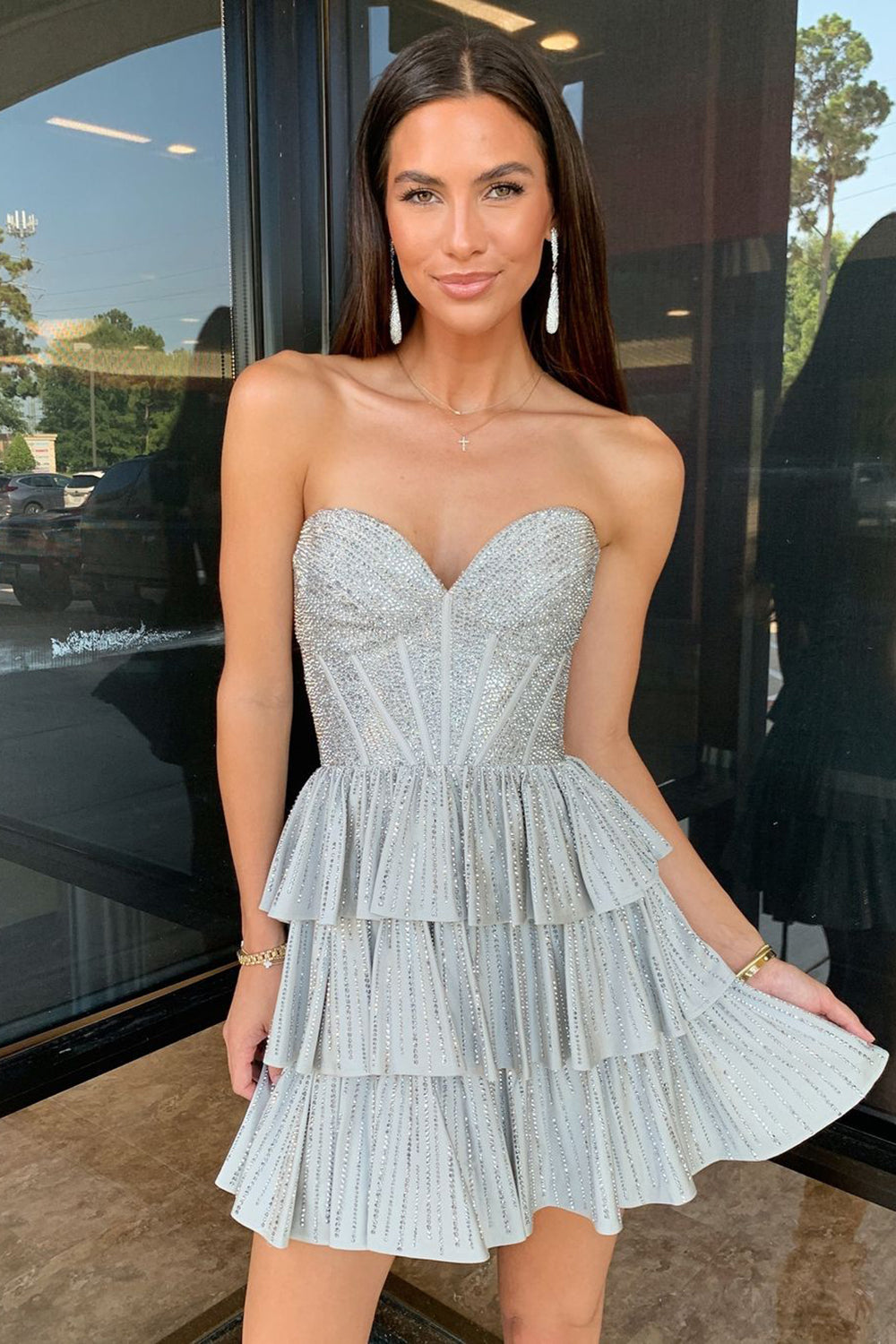 Sparkly Grey Sweetheart Ruffled Short Homecoming Dress