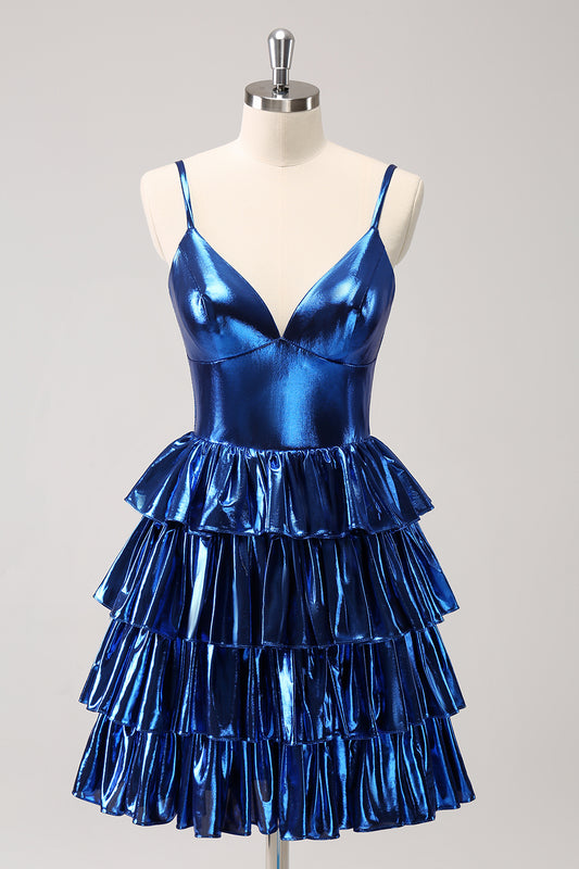 Cute Ink Blue Tiered A Line Short Homecoming Dress