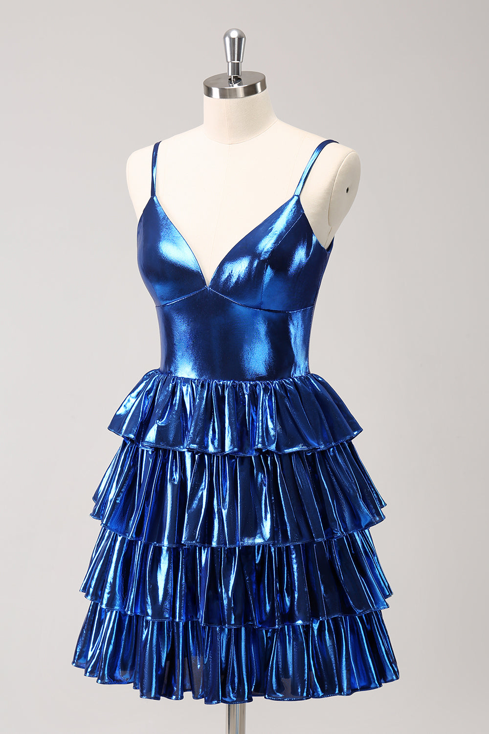 A Line Ink Blue Spaghetti Straps Tiered Short Homecoming Dress