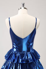 Cute Ink Blue Tiered A Line Short Homecoming Dress