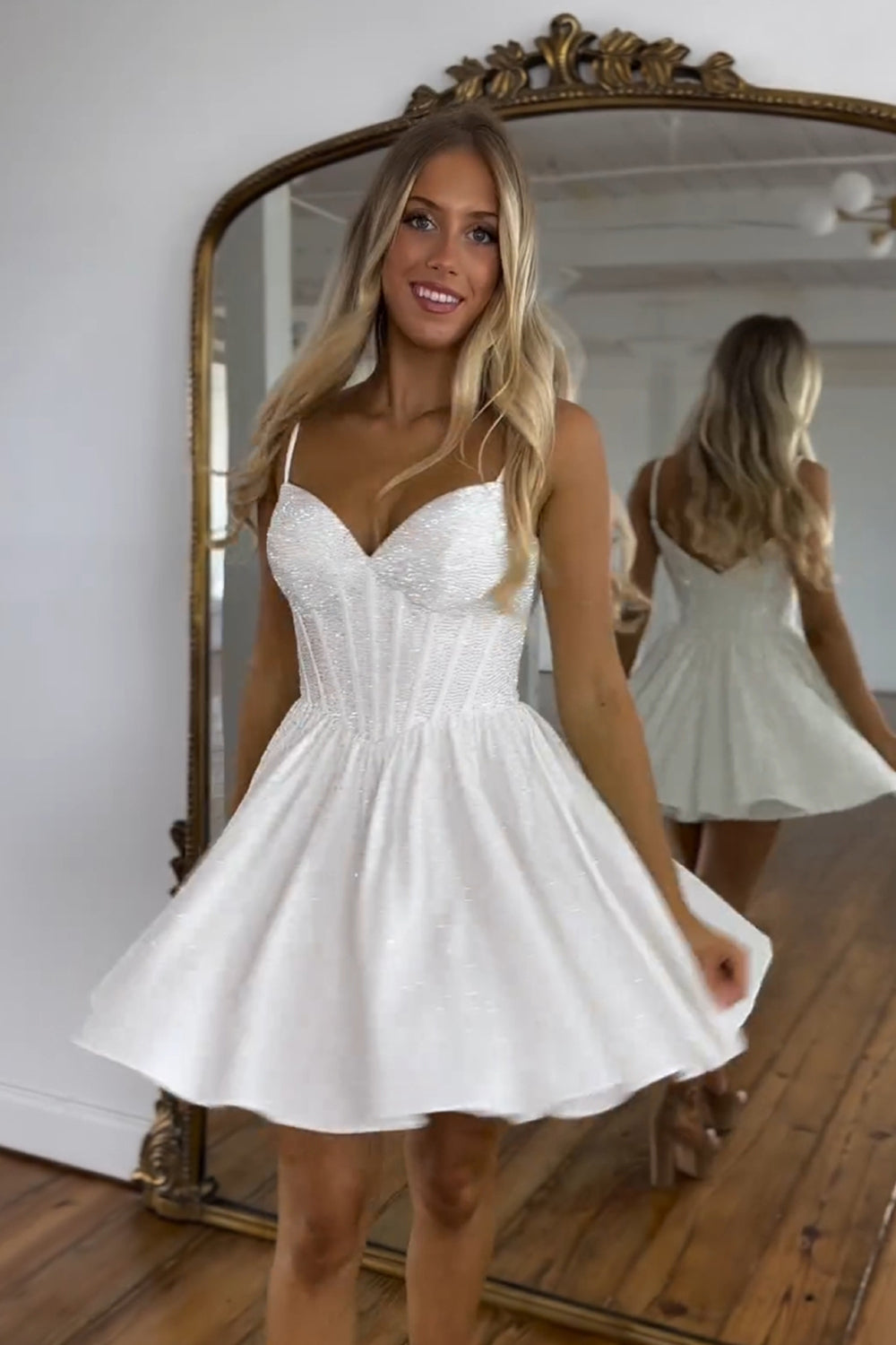 Sparkly A Line White Beaded Corset Short Homecoming Dress