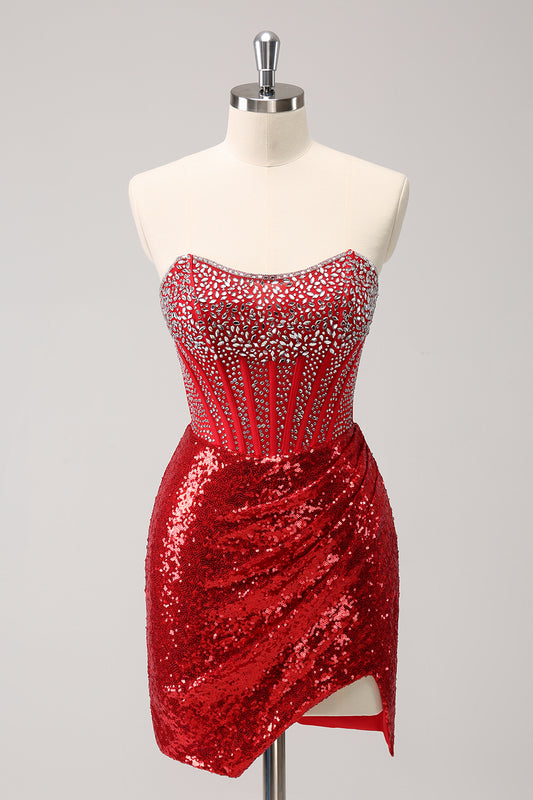 Sparkly Red Beaded Strapless Tight Short Homecoming Dress