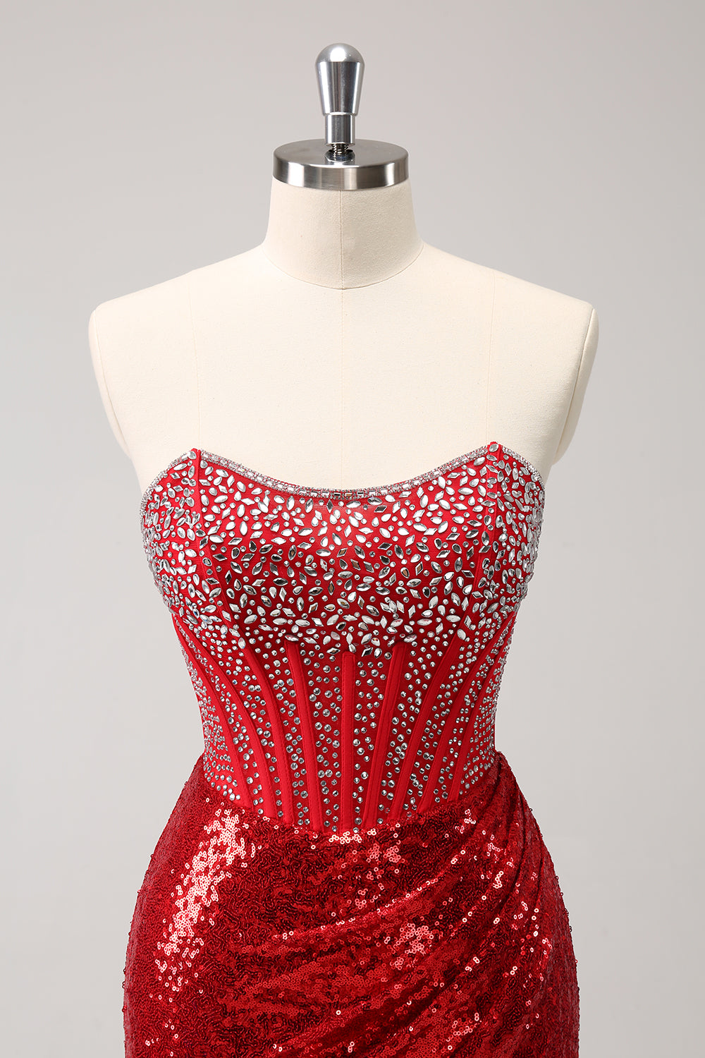 Sparkly Red Beaded Strapless Tight Short Homecoming Dress