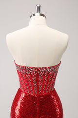 Sparkly Red Strapless Tight Short Homecoming Dress with Beading