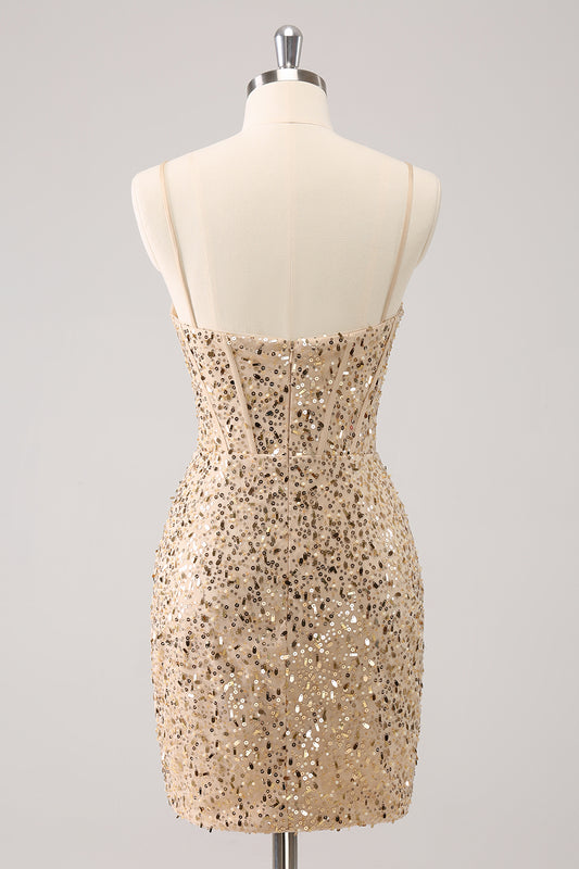 Glitter Golden Sequins Corset Tight Short Homecoming Dress