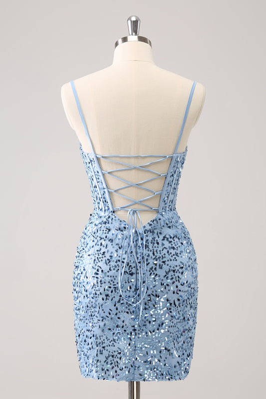 Sparkly Blue Sequins Corset Tight Short Homecoming Dress