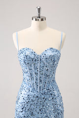 Sparkly Blue Sequins Corset Tight Short Homecoming Dress