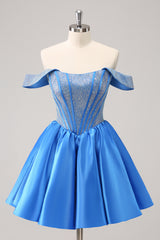 Sparkly Blue Off The Shoulder Corset A Line Short Homecoming Dress