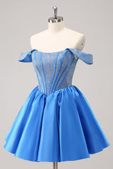 Sparkly Blue Off The Shoulder Corset A Line Short Homecoming Dress