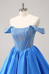 Sparkly Blue Off The Shoulder Corset A Line Short Homecoming Dress