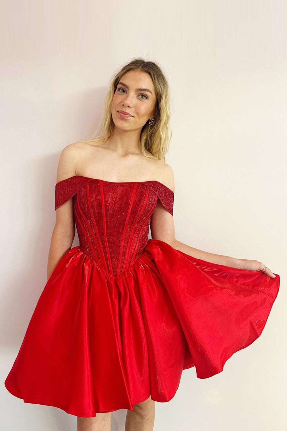 Red Sparkly Off The Shoulder Corset A Line Short Homecoming Dress