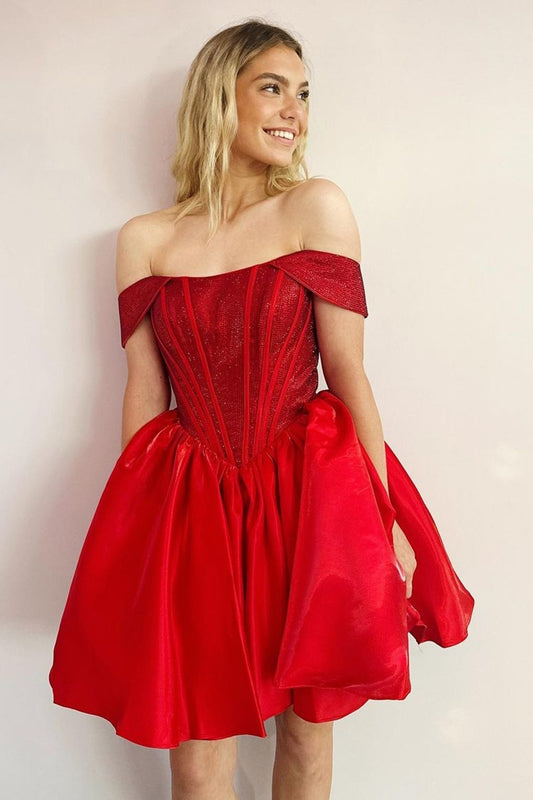 Red Sparkly Off The Shoulder Corset A Line Short Homecoming Dress