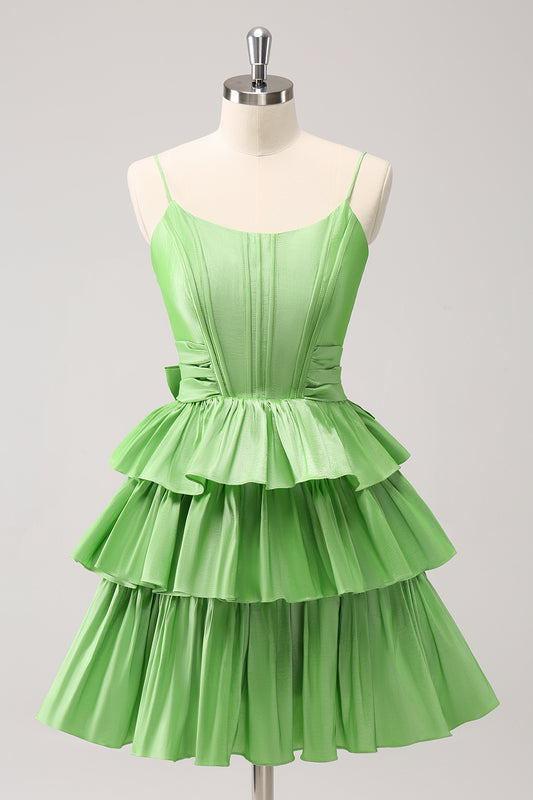 Green A Line Tiered Short Homecoming Dress With Bow