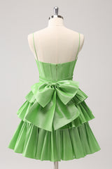 Green A Line Tiered Short Homecoming Dress With Bow