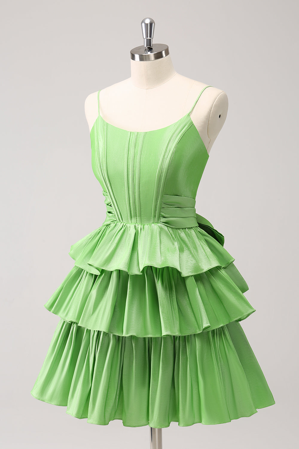 Green A Line Tiered Short Homecoming Dress With Bow